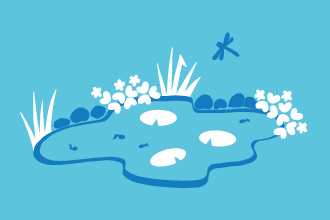 An illustration showing a wildlife pond, with lily pads, emergent plants and a dragonfly skimming over it